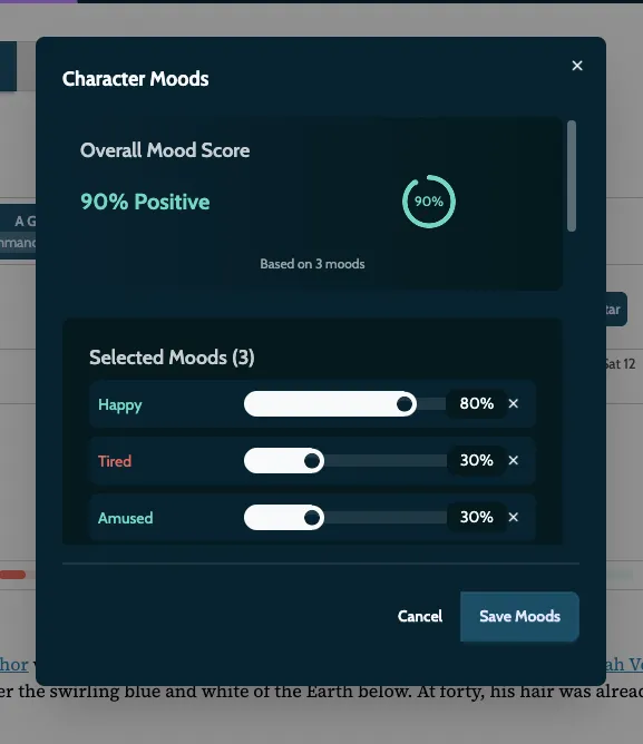 Character mood calculation interface showing realtime mood analysis