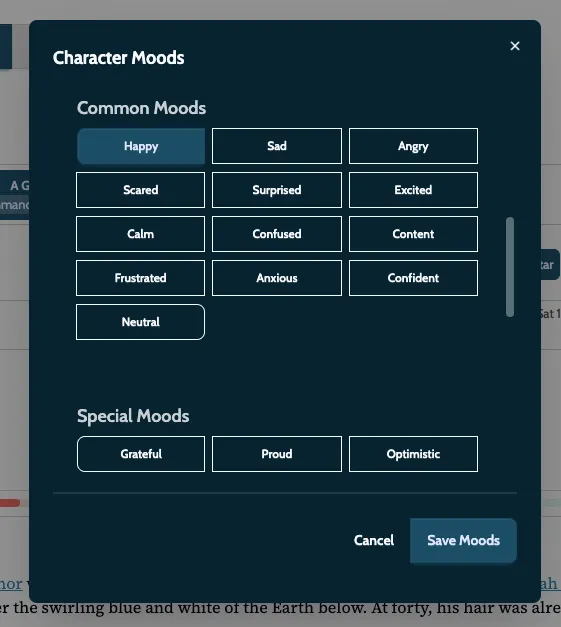 Character mood selection interface for assigning multiple emotional states