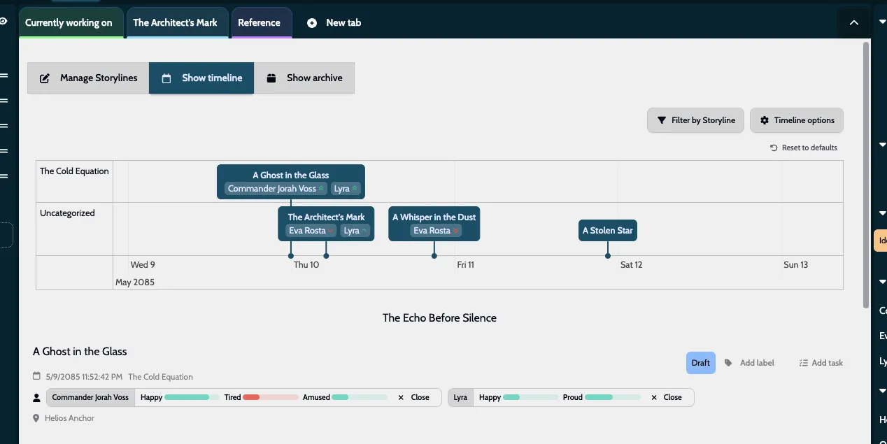 Timeline view showing character emotional journey across multiple scenes in MyStory.today
