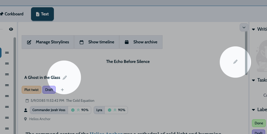Edit icons visible next to chapter and scene titles