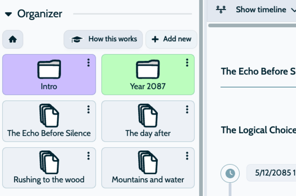 The organizer extends the existing reading panel for novel management